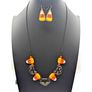 Halloween Black Cats & Candy Corn Necklace Dangly Earrings & 4 Bracelets